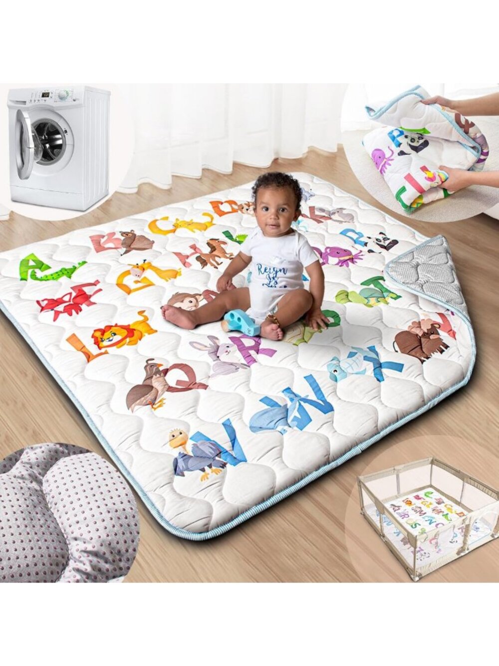 Extra Large 50x50 Baby Play Mat - Soft, Machine Washable Playpen Floor Mat